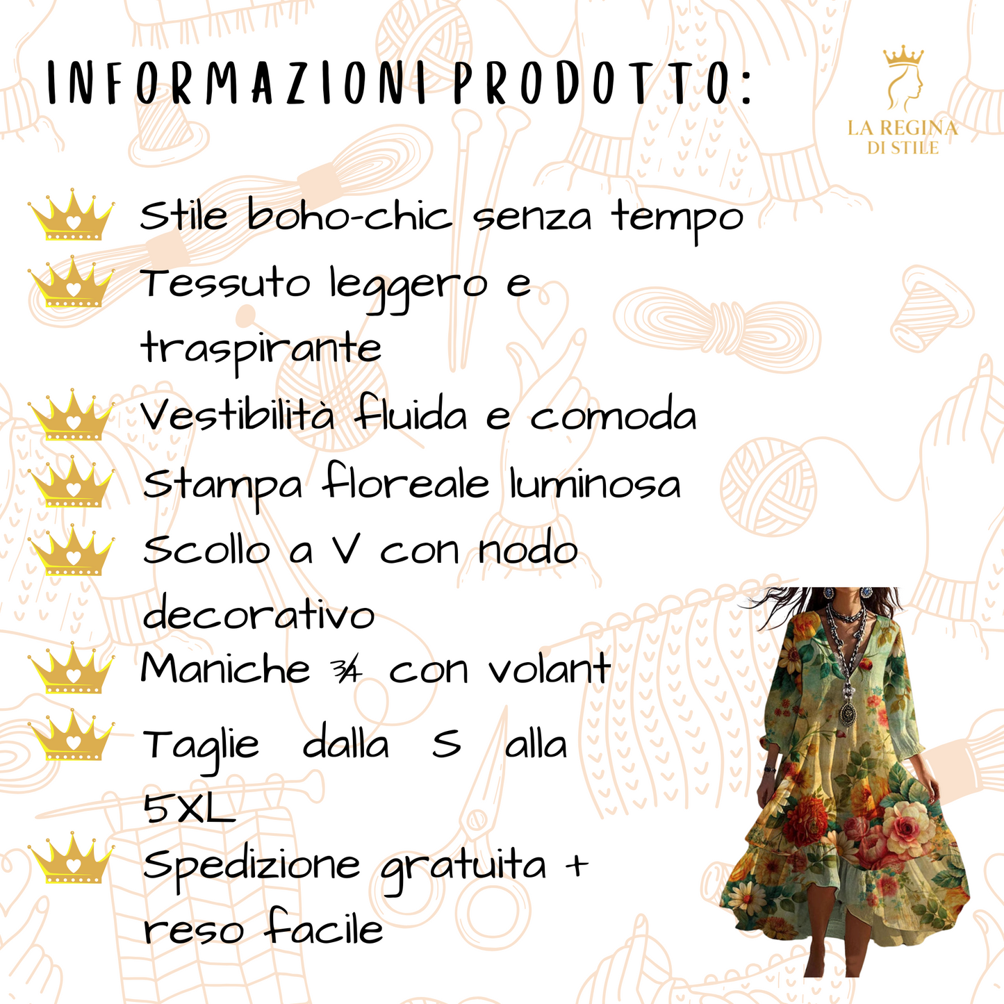 La Regina di Stile - Abito Lungo Boho Chic Floreale da Donna | Vestito Estivo Elegante con Scollo a V e Maniche 3/4
