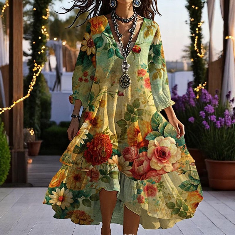 La Regina di Stile - Abito Lungo Boho Chic Floreale da Donna | Vestito Estivo Elegante con Scollo a V e Maniche 3/4