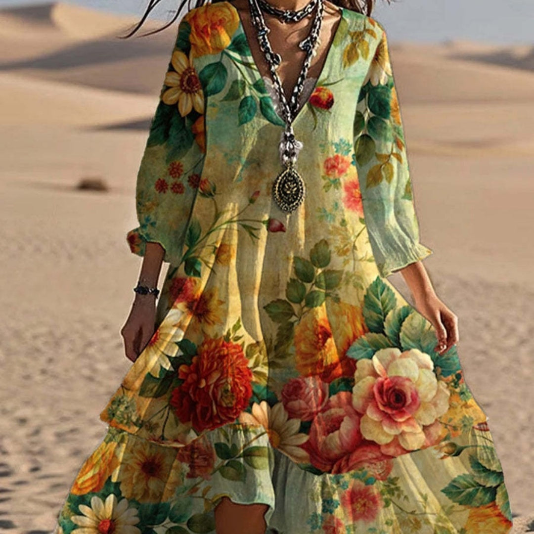 La Regina di Stile - Abito Lungo Boho Chic Floreale da Donna | Vestito Estivo Elegante con Scollo a V e Maniche 3/4