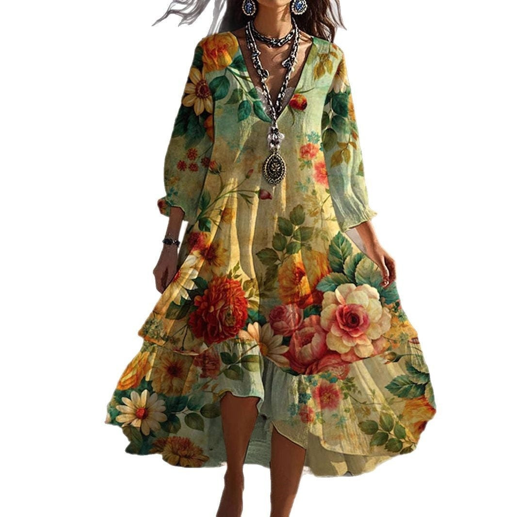 La Regina di Stile - Abito Lungo Boho Chic Floreale da Donna | Vestito Estivo Elegante con Scollo a V e Maniche 3/4