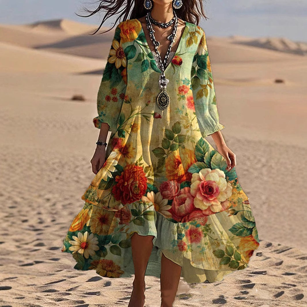 La Regina di Stile - Abito Lungo Boho Chic Floreale da Donna | Vestito Estivo Elegante con Scollo a V e Maniche 3/4